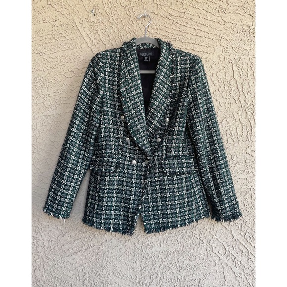 RACHEL ZOE Green & Black Textured Boucle Tweed Fringe Blazer Suit Jacket M - Picture 3 of 15